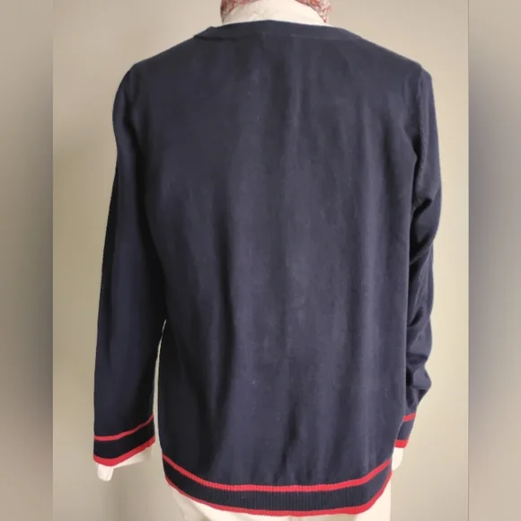 Talbots Cotton Cashmere Nautical Ruffle Cardigan Navy Blue Red Coastal Size 1X - Picture 8 of 14